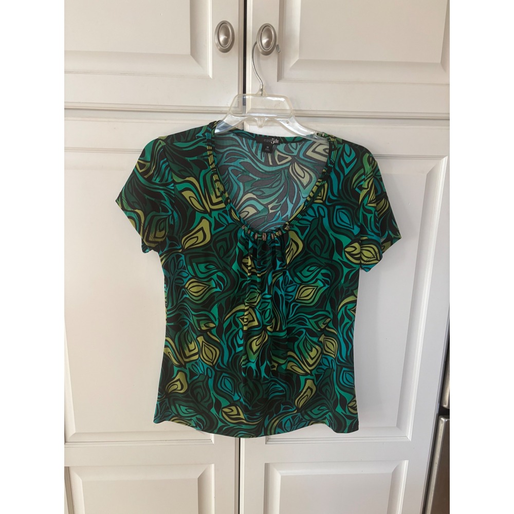 East 5th‎ Womens Green Abstract Leaf Print Beaded Scoop Neck Blouse Size M